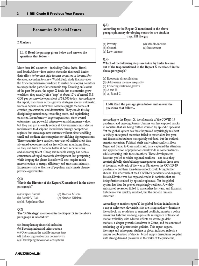 RBI Grade B Phase 2 2024 ESI Question Paper | PDF | Inflation ...