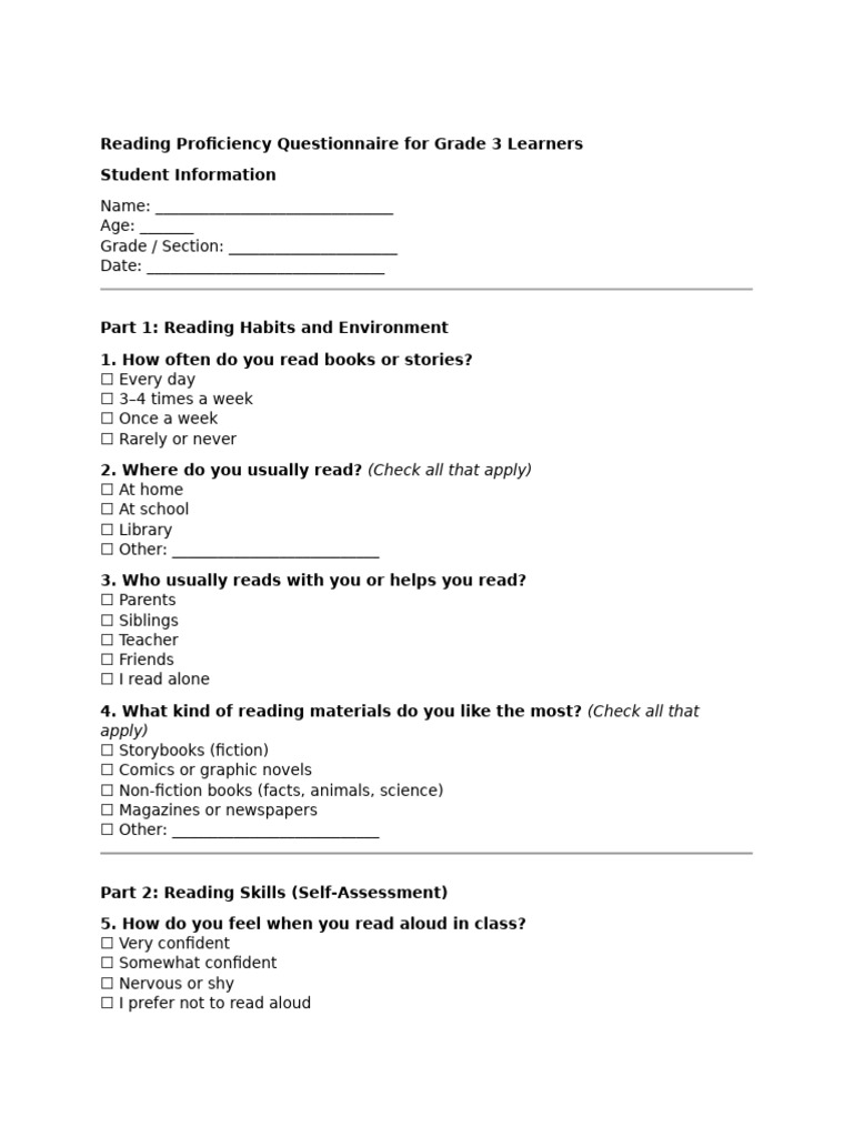 Reading Proficiency Questionnaire For Grade 3 Learners | PDF | Learning ...