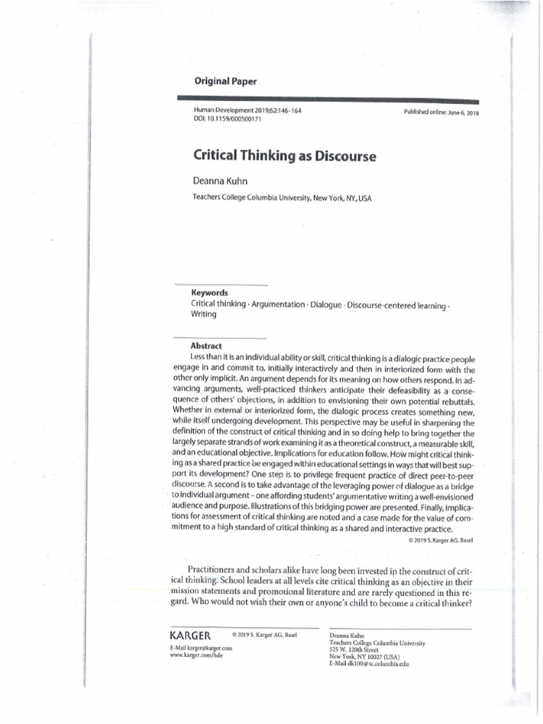 Kuhn 2019 Critical Thinking As Discourse | PDF | Critical Thinking ...