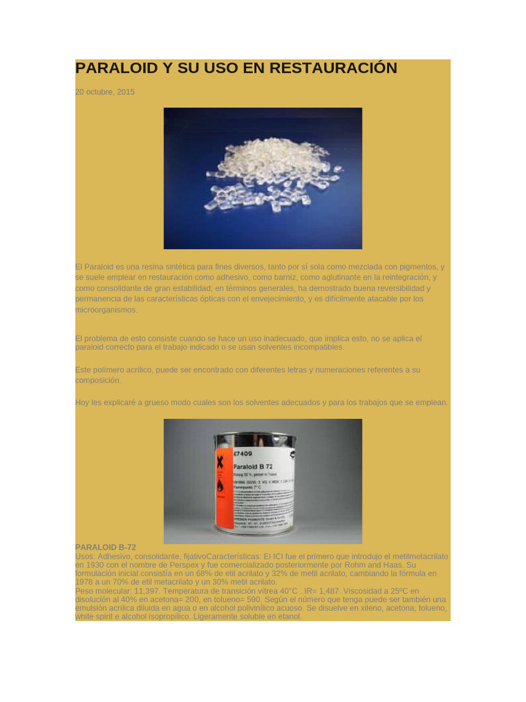 Paraloid y Su Uso en Restauración | PDF | Solvente | Polimetacrilato de ...
