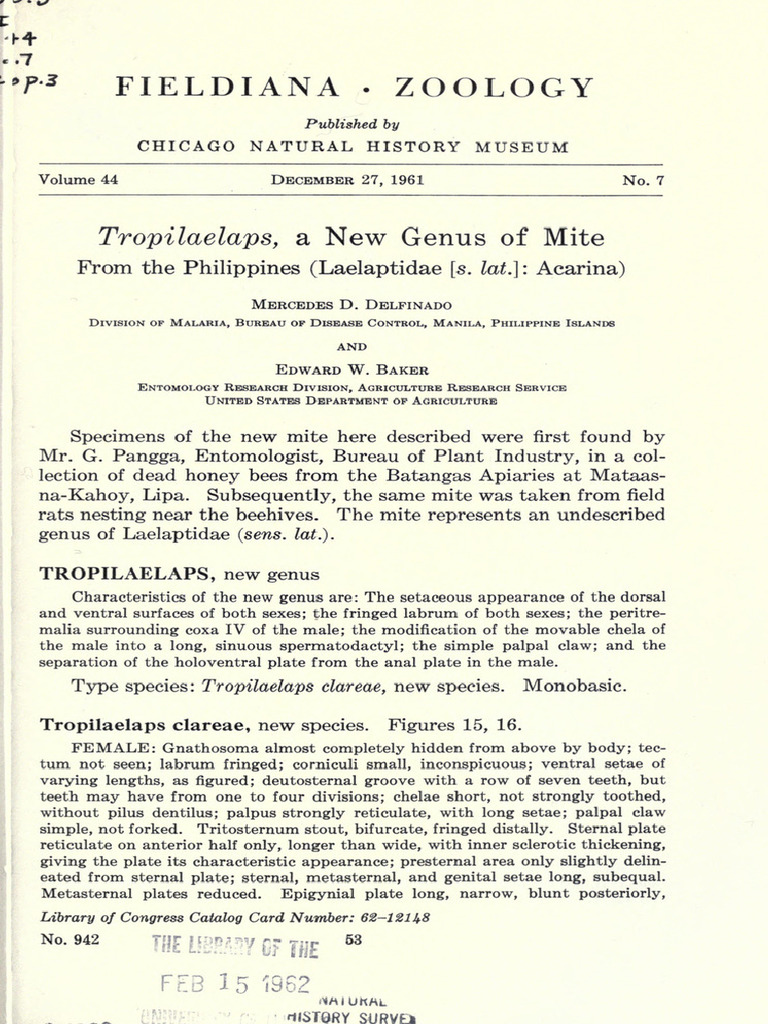 1961 - Delfinado - Tropilaelaps, A New Genus of Mite From the ...