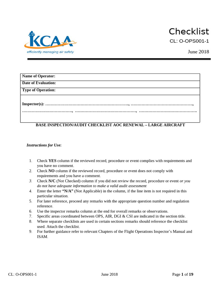 Cl O-ops001-1 Base Inspection-Audit Checklist Aoc Renewal Large ...