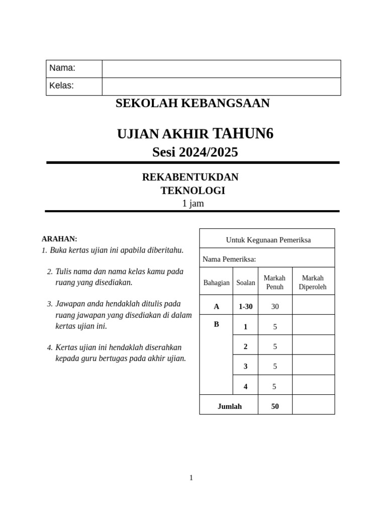 Uasa RBT TH 6 2024 2025 | PDF