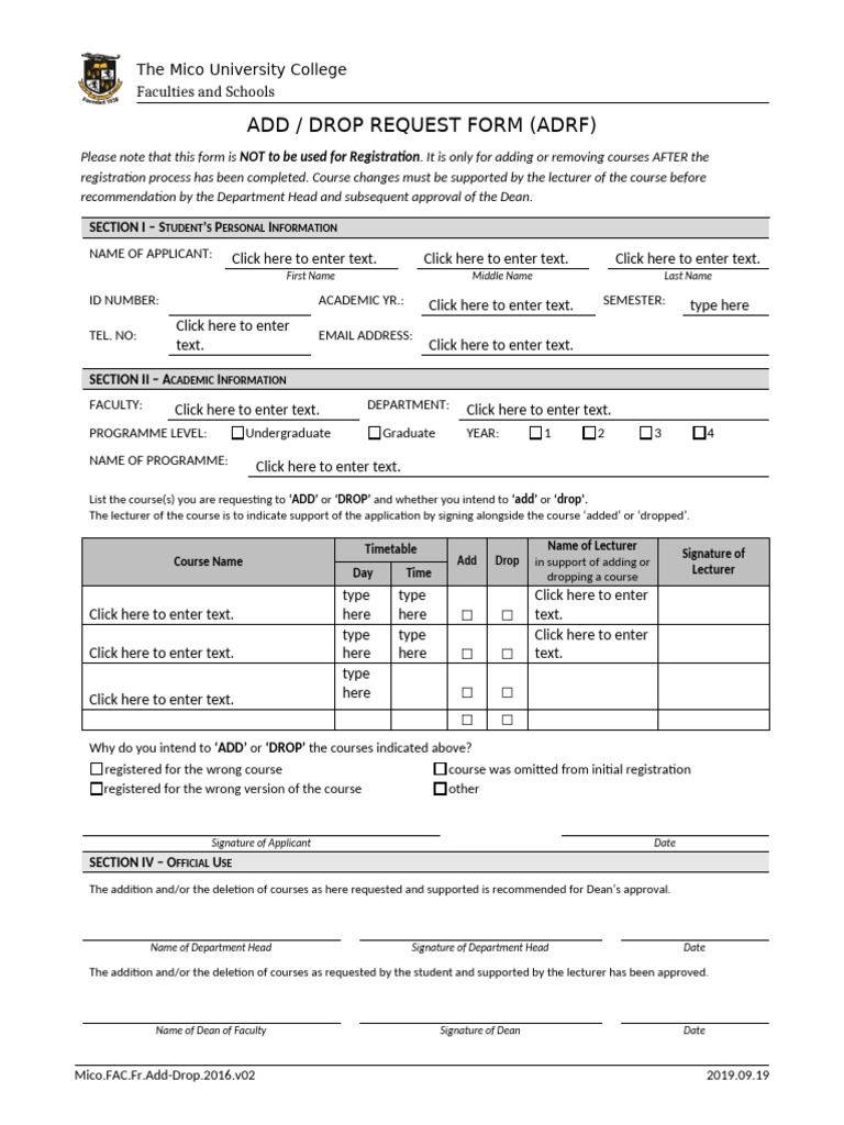 Form - Faculties - Add'Drop Request Form - Word Fillable | PDF ...