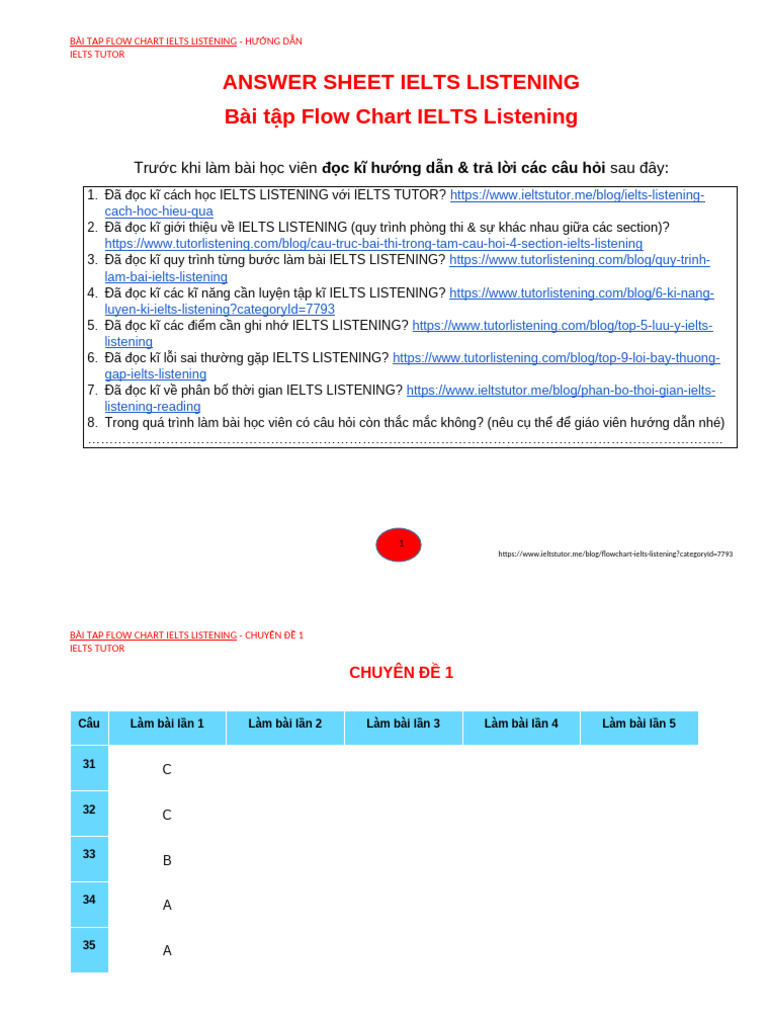 ANSWER SHEET IELTS LISTENING - BÀI TẬP FLOW CHART IELTS LISTENING | PDF