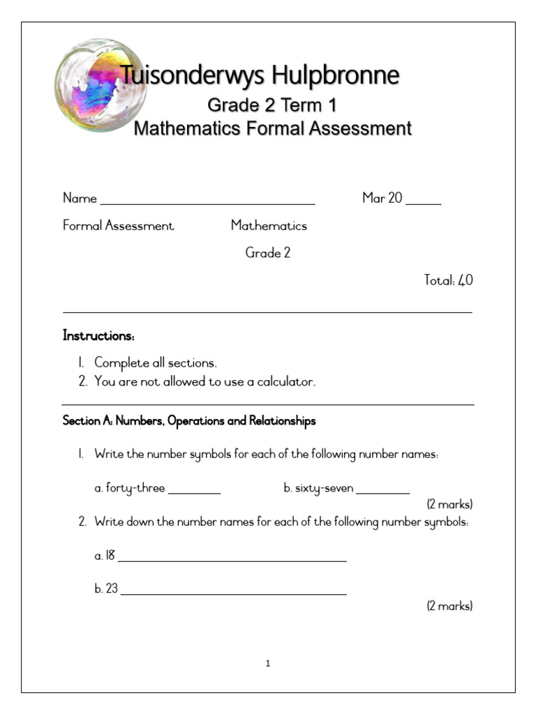 Grade 2 Term 1 Mathematics Formal Assessment 2024 Osny98 | PDF ...