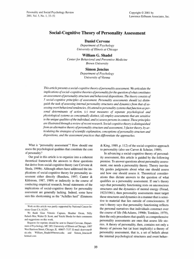 Cervone Et Al 2001 Social Cognitive Theory of Personality Assessment ...