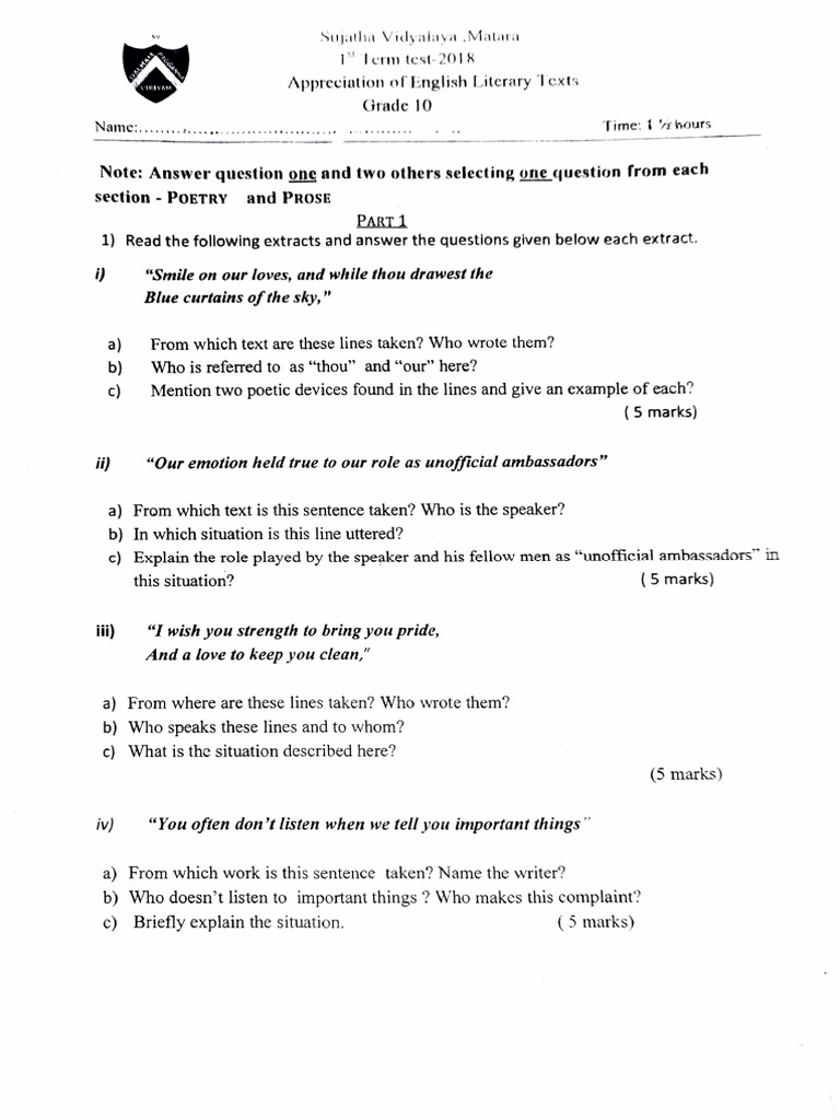 Grade 10 Appreciation of English Literary Texts 1st Term Test Paper ...