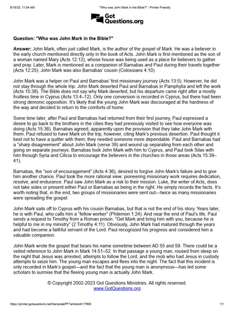 _Who Was John Mark in the Bible__ - Printer Friendly | PDF | Paul The ...