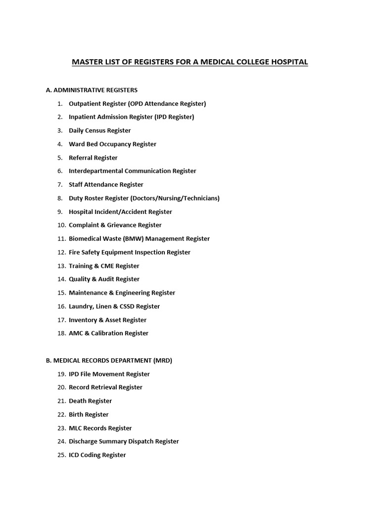 Master List of Registers for a Medical College Hospital | PDF ...