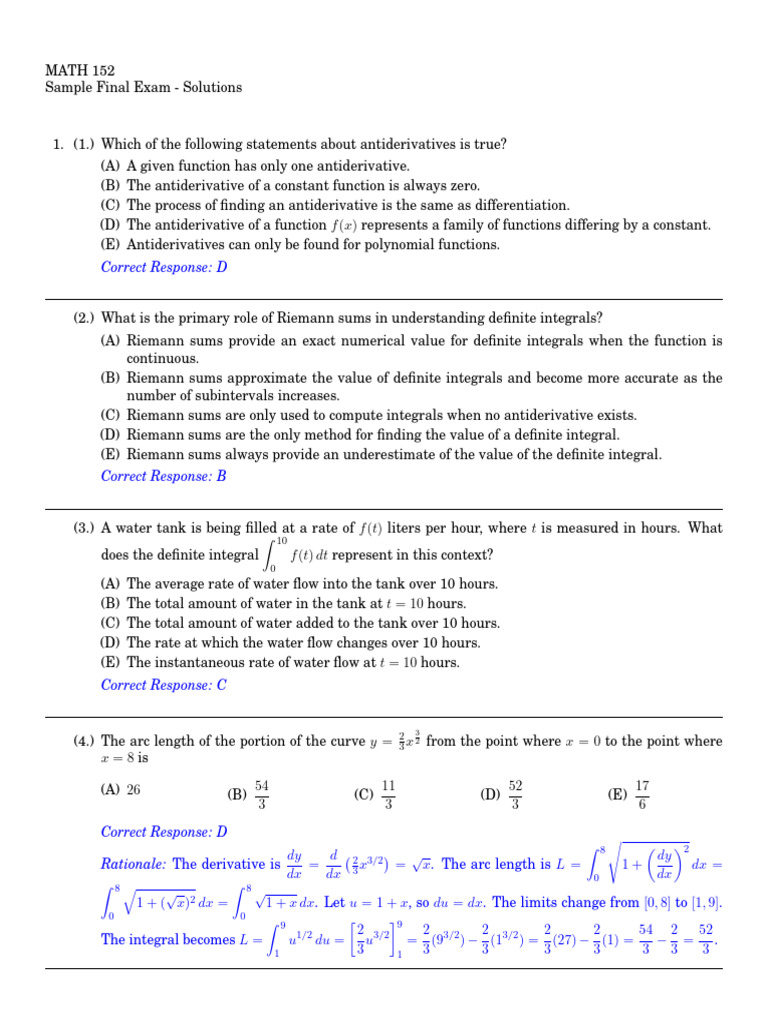 152 Final Practice Solutions | PDF | Integral | Mathematical Concepts