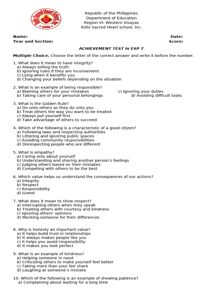 Esp 7 Achievement Test 2024-2025 | PDF | Gratitude | Social Psychology