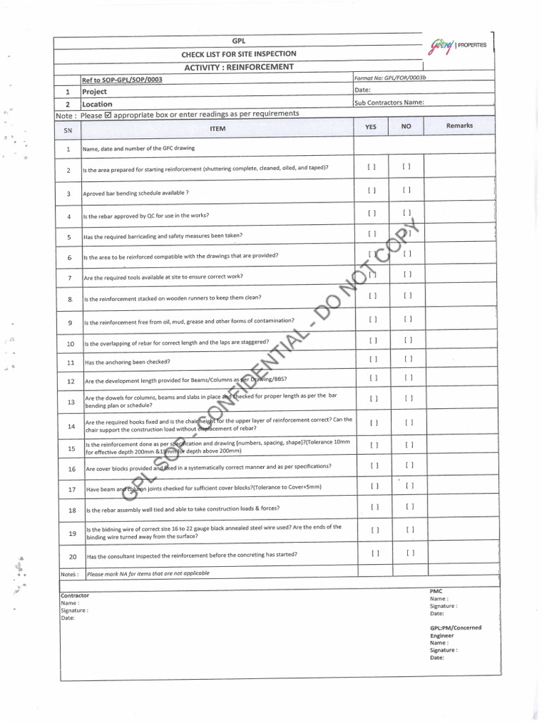 087 - Reinforcement Works- SOP and Checklist (1) (1) | PDF