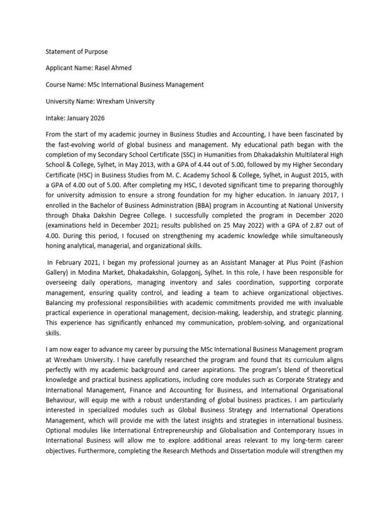 Updated Statement of Purpose- Wrexham Sample | PDF | Strategic ...