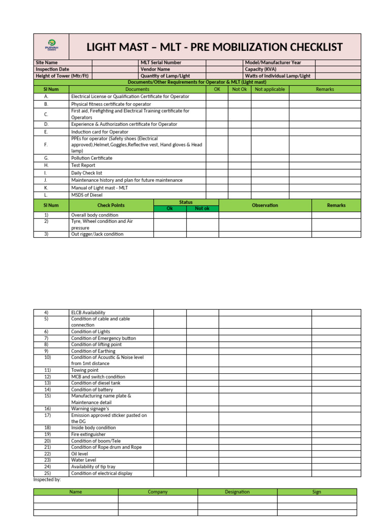 Pre Mobilization Check List of Light Mast - MLT | PDF