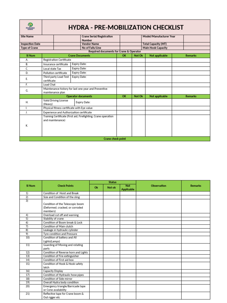 Pre Mobilization Check List of HYDRA | PDF | Crane (Machine ...