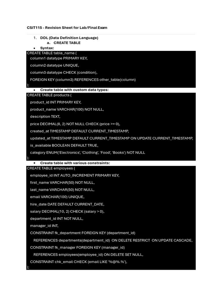 Revision Sheet for Lab Exam Final Exam | PDF | Computer Programming | Sql