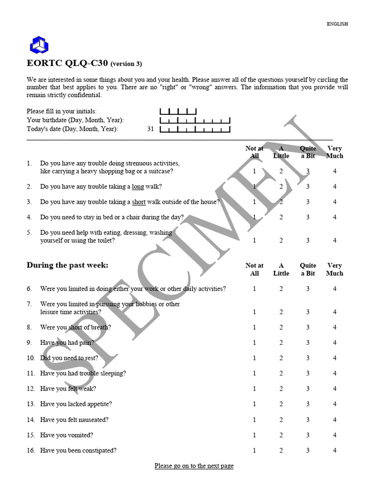 Specimen QLQ C30 English | PDF | Chess Openings | Chess