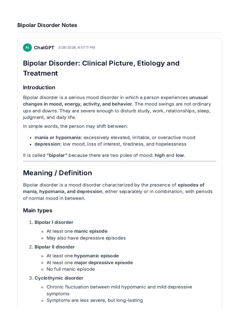 Bipolar+Disorder+Notes | PDF | Bipolar Disorder | Mania