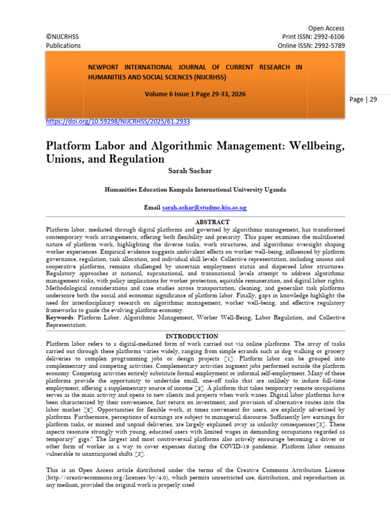 Platform Labor and Algorithmic Management: Wellbeing, Unions, and ...