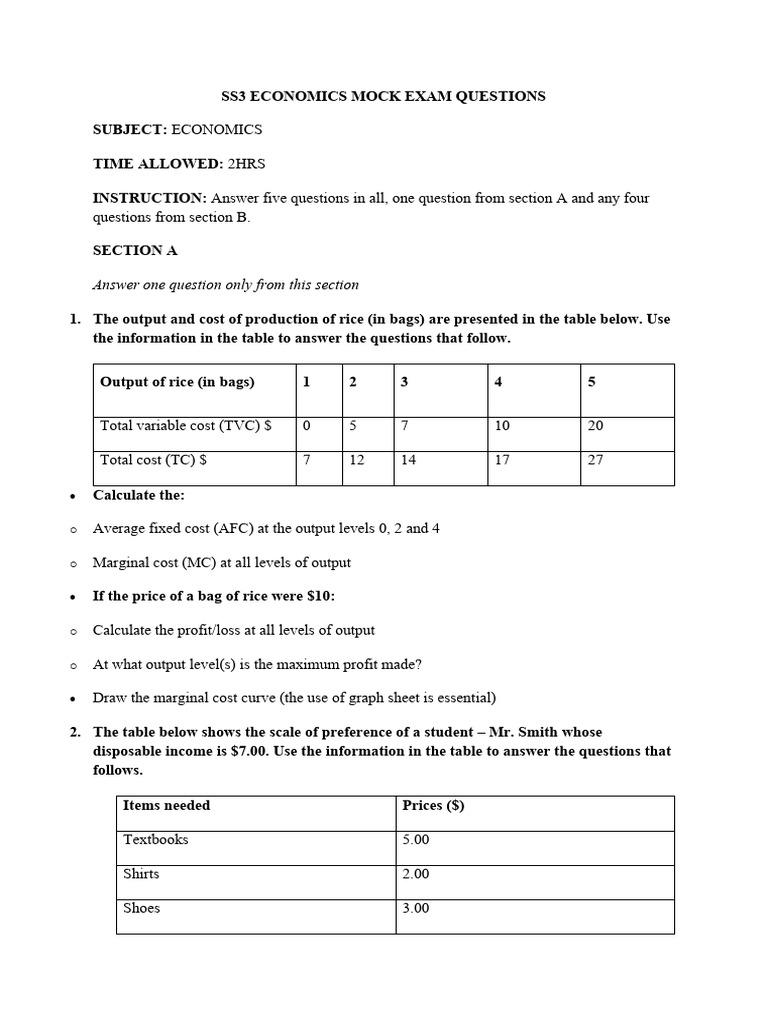 Ss3 Economics Mock Exam Questions | PDF