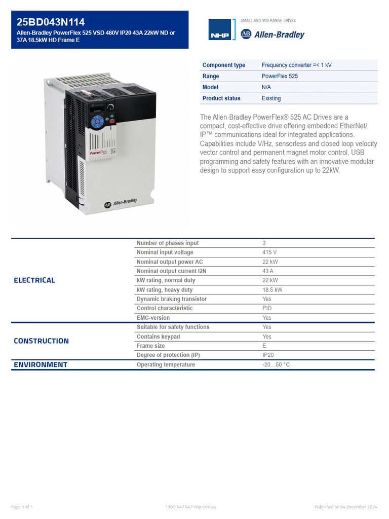 25BD043N114 AU PF525 Variable Speed Drive Datasheet | PDF | Electrical ...