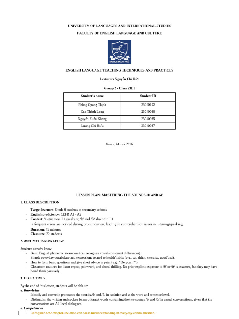 ELT2 - 23E1 Group 2 - Lesson Plan for Micro-teaching 1_ Pronunciation ...