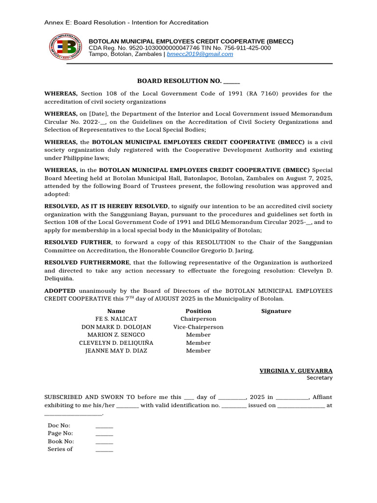 Annex E CSO Board Resolution | PDF | Government | Philippines