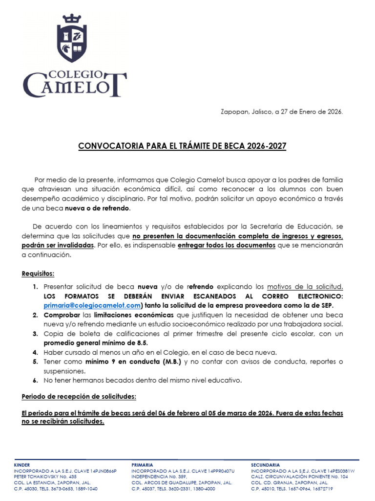 Convocatoria de Becas. Ciclo Escolar 2026-2027 | PDF | Beca