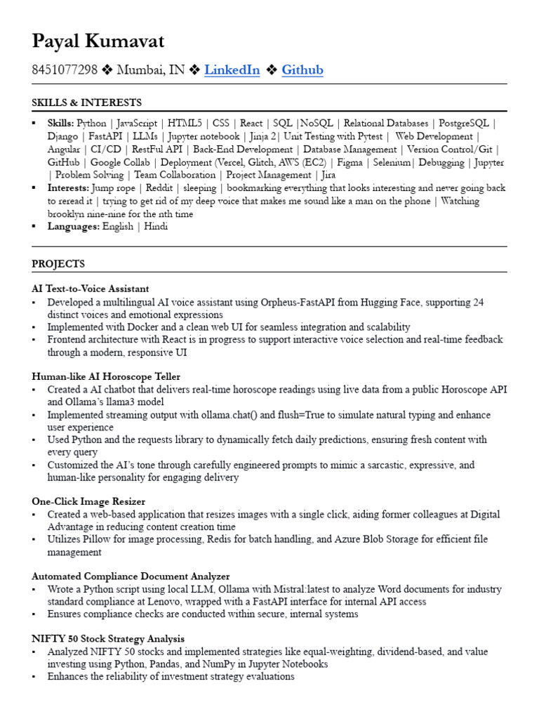 Payal Kumavat Resume - Python Developer [1.02.2026].Docx | PDF | Web ...
