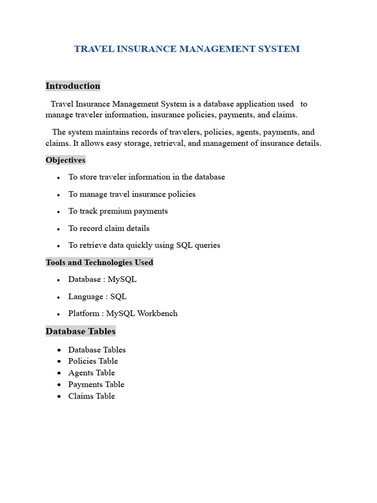 Travel Insurance Management System | PDF | Databases | Sql
