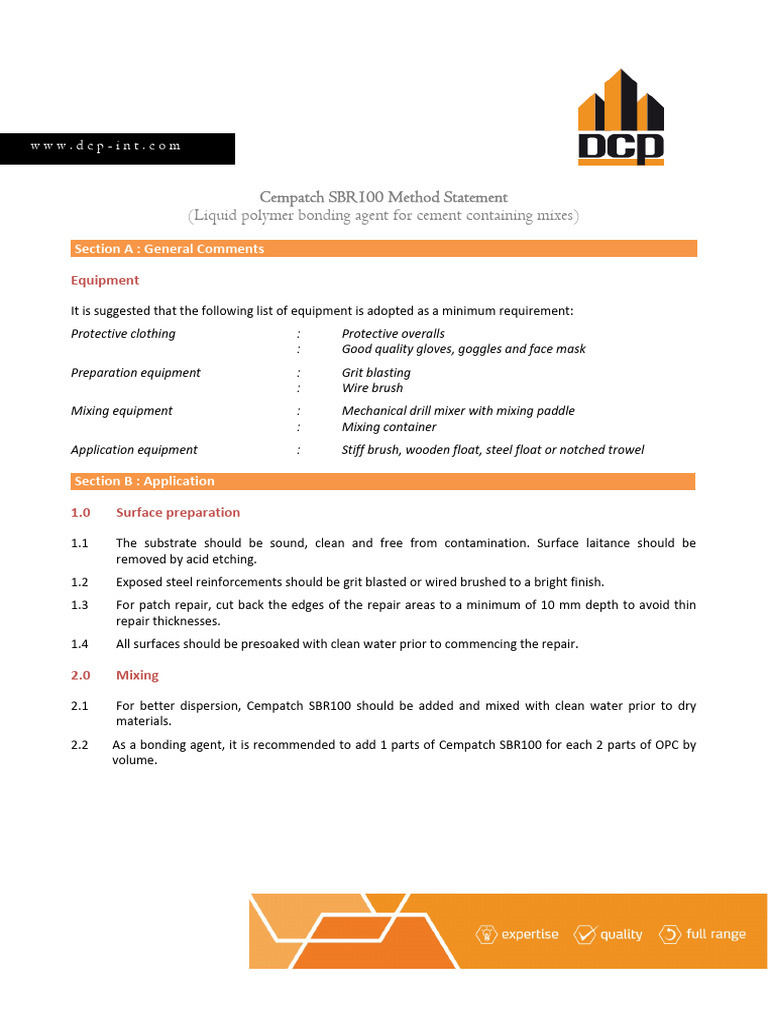 Cempatch SBR100_Method Statement | PDF | Adhesive | Mortar (Masonry)