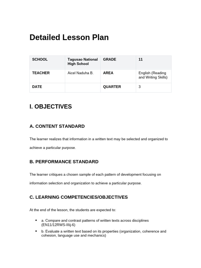 Grade 11 Detailed Lesson Plan - Patterns of Written Texts and Claims ...