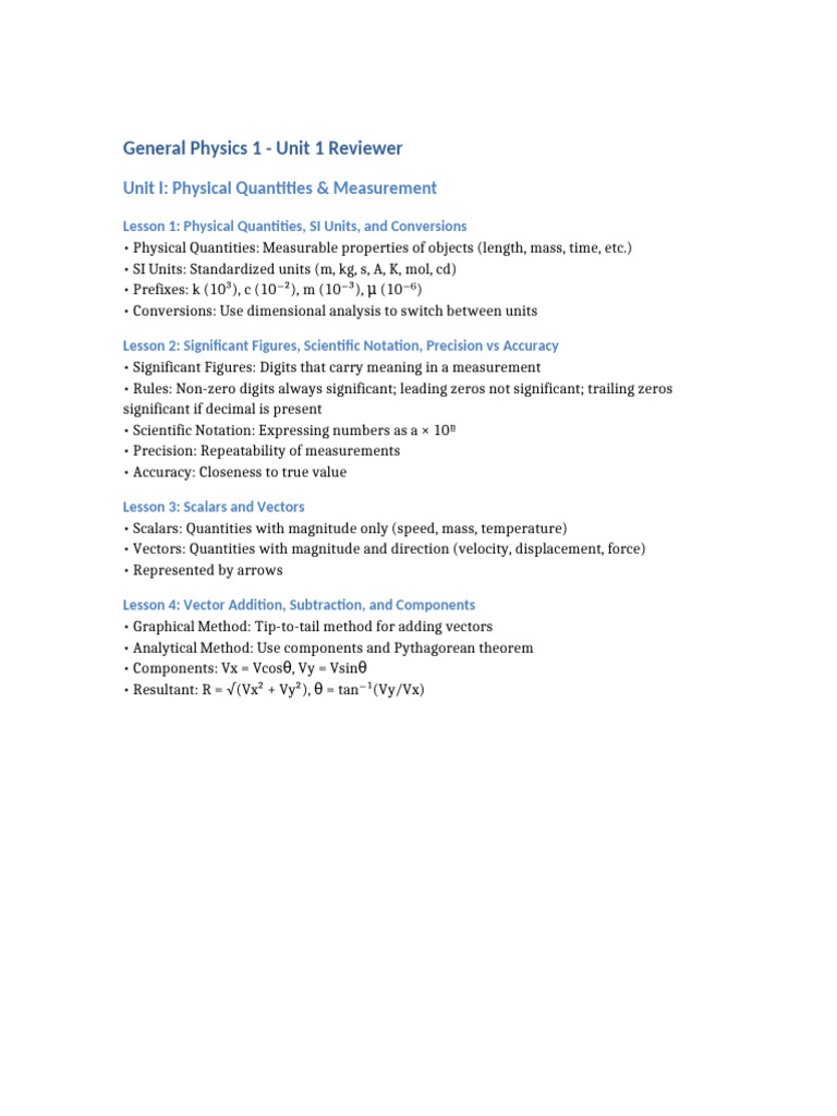 General Physics 1 Unit 1 Reviewer | PDF
