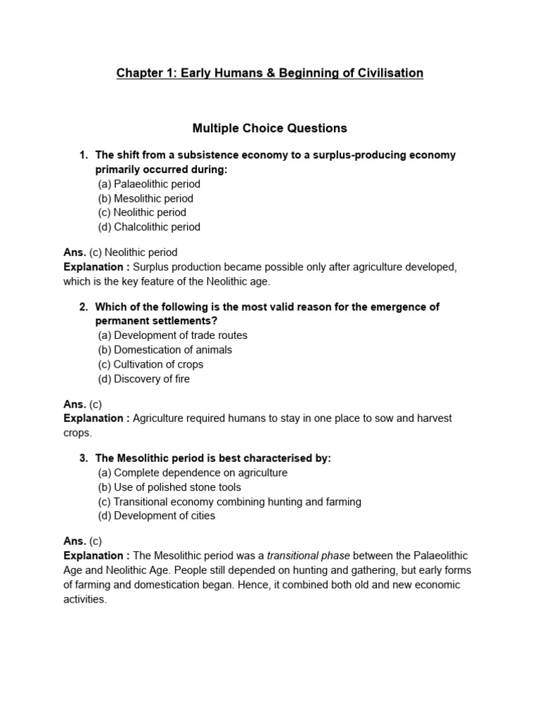 Chapter 1 - Early Humans & Beginning of Civilisation MLQB | PDF ...