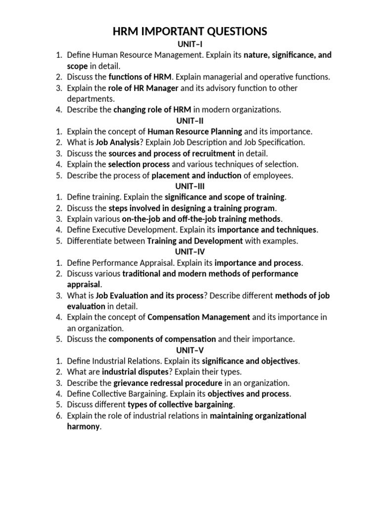 Bba 4th Sem Hrm Important Questions | PDF