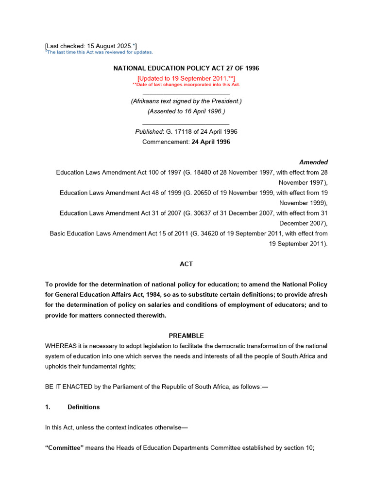 National Education Policy Act (Updated To 2011) | PDF | Parliament ...