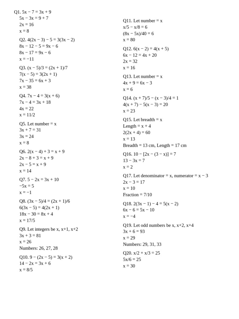 Class 7 DAV Linear Equations Answer Key Steps | PDF