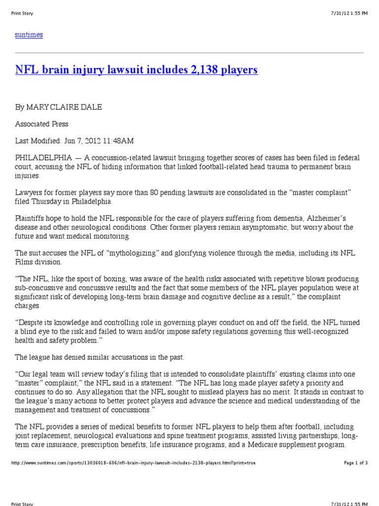 NFL Brain Injury Lawsuit PDF Concussions In American Football
