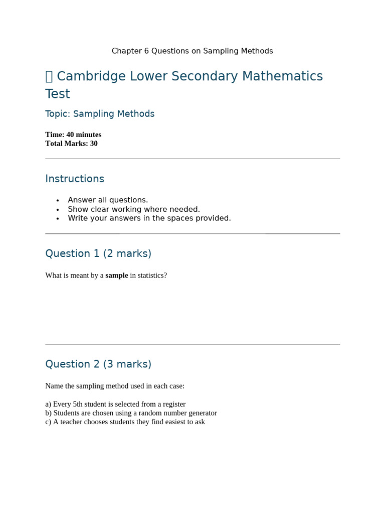 Chapter 6 Questions on Sampling Methods | PDF | Sampling (Statistics ...