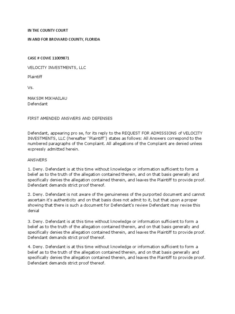 Pro Se Response to Request for Admissions | PDF | Cause Of Action ...