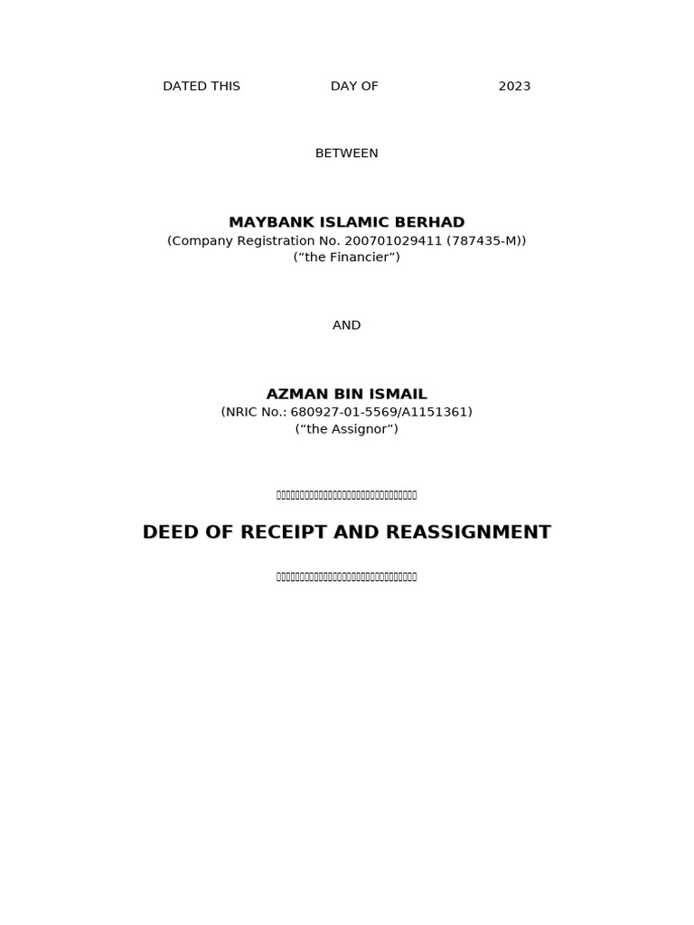 Sample Deed of Receipt and Reassignment Maybank | PDF | Assignment (Law ...