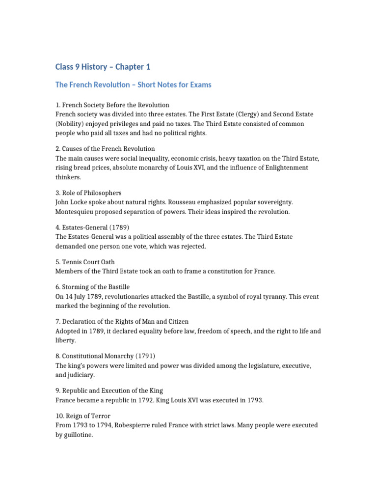 Class 9 History Chapter 1 French Revolution Short Notes | PDF