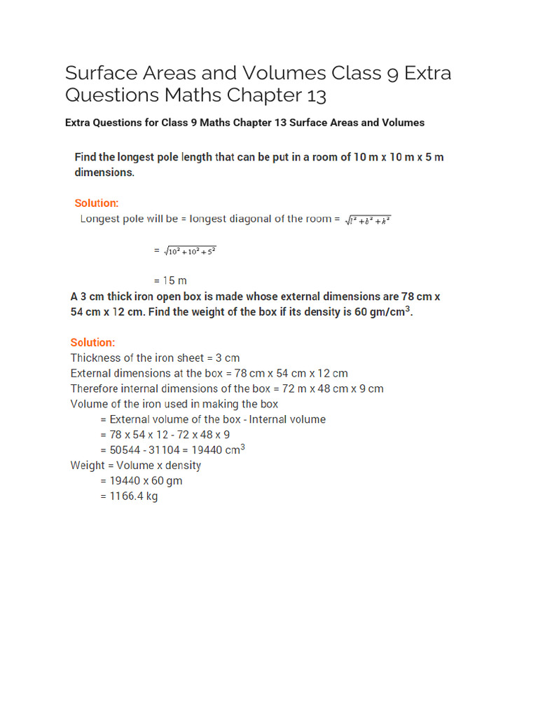 Surface Areas and Volumes Class 9 Extra Questions Maths Chapter 13 | PDF
