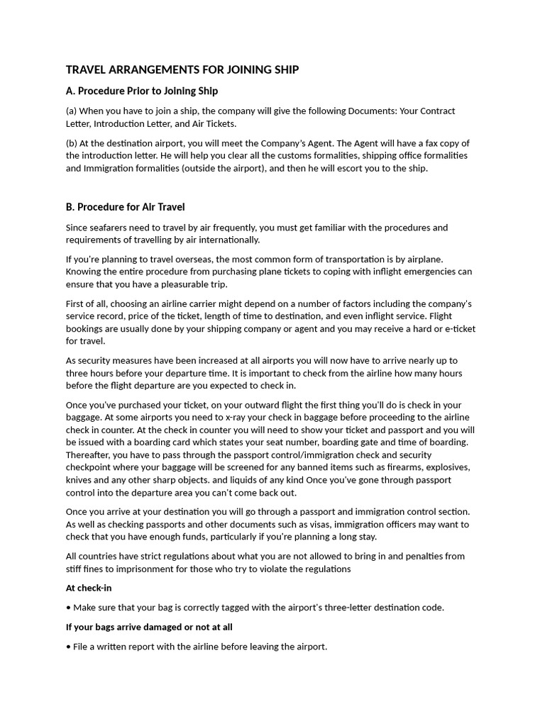 Note on Travel Arrangements for Joining the Ship | PDF