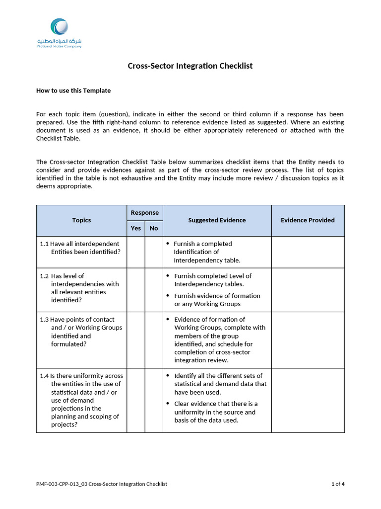 PMF 003 CPP 013_03 Cross Sector Integration Checklist | PDF