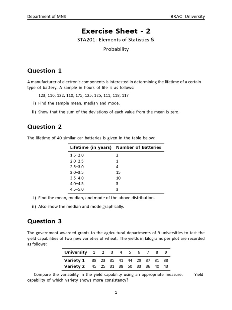 STA201 Exercise Sheet 2 | PDF | Quartile | Data Analysis