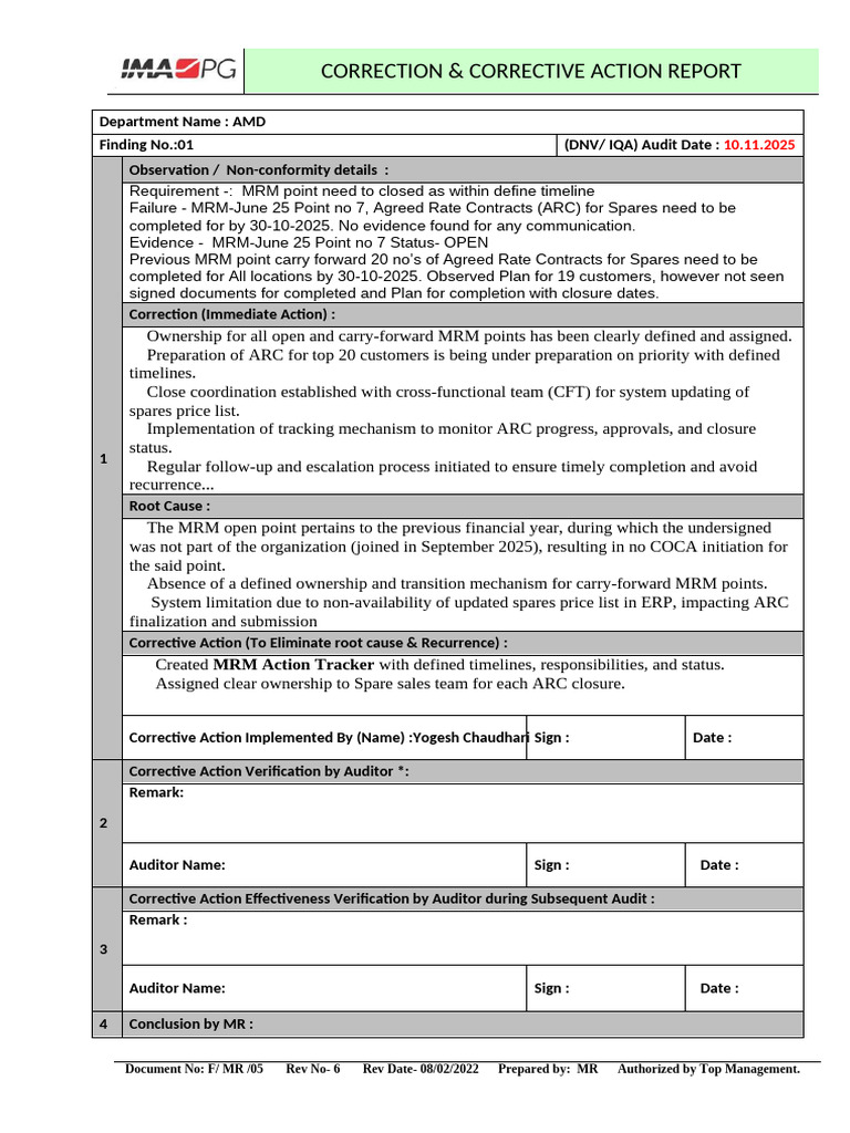 F-MR-01 Corrective Action Report Finding No1-2026 | PDF