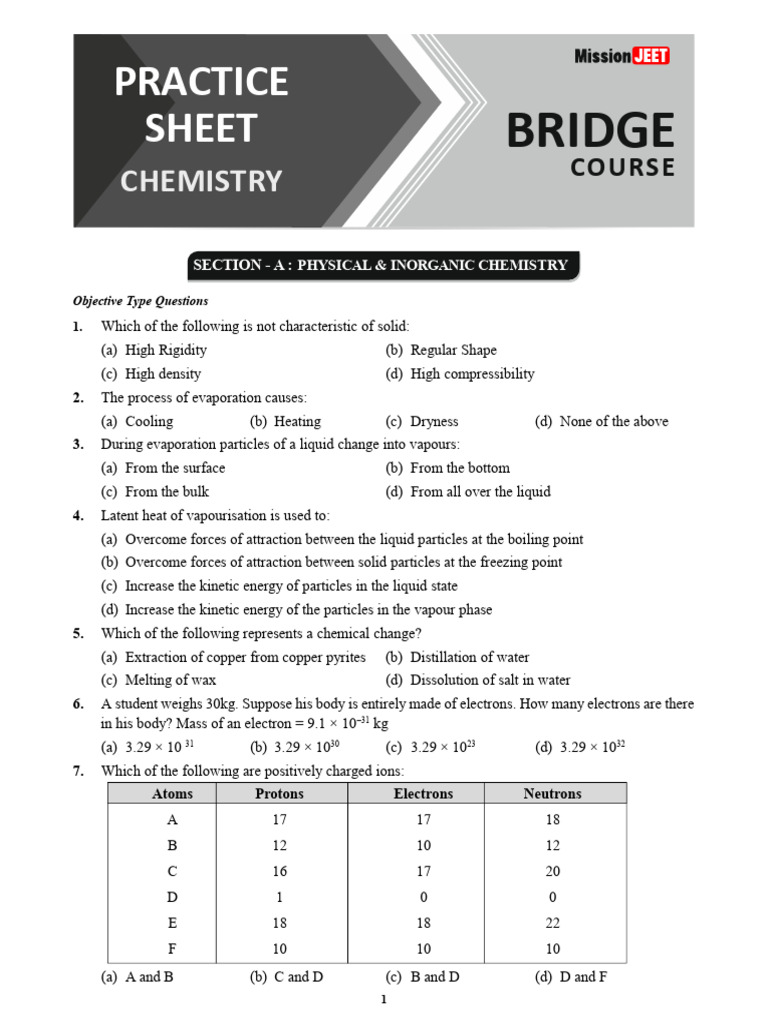 Practice Sheet - Chemistry Bridge Course | PDF | Atoms | Chemical Elements