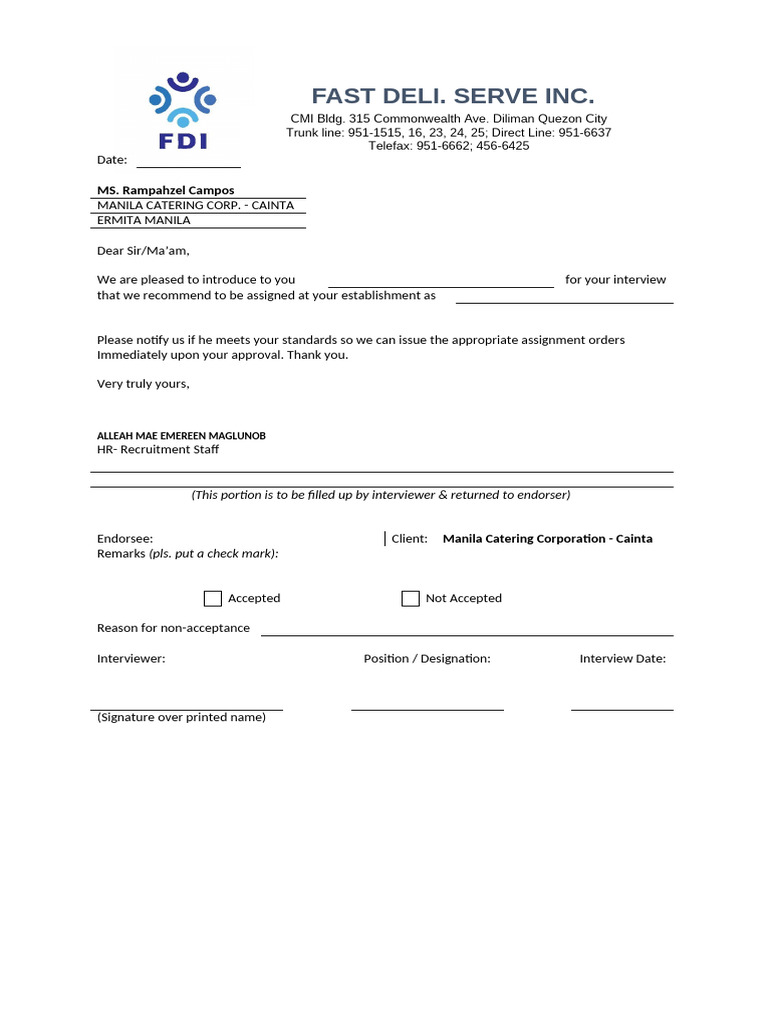 Endorsement Letter Fdi - Cainta | PDF
